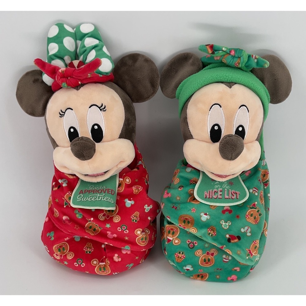 Disney Babies Mickey Minnie Mouse Holiday Christmas Swaddle Baby Plush Set 10"